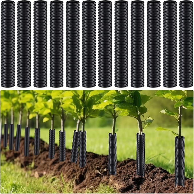 Nuenen 12 Pcs Corrugated Tree Guards, Long 15.75 Inch Diameter 1.96 Inch Pp Tree Trunk Protectors, Tree Bark Protector Tube Wraps for Saplings Plants Seedlings Deer Rabbit Cats Rodents Mowers (Black)