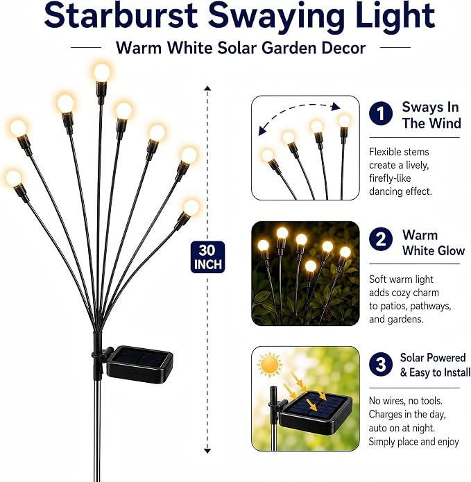 TONULAX Solar Garden Lights - 6 Pack Upgraded Solar Swaying Light, Sway by Wind, Outdoor Lights, Yard Patio Pathway Decoration, High Flexibility Iron Wire & Heavy Bulb Base, Warm White