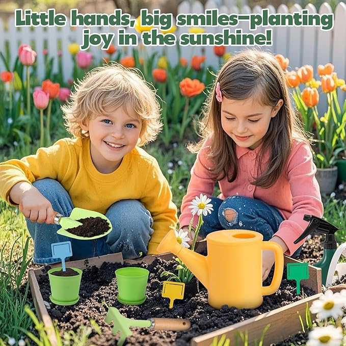 JOI MEW Kids Gardening Tools Set, Garden Toys w/Wooden Handle Alloy Rake,Fork,Trowel, Watering Can,Gloves,Tote Bag,Plant pots, DIY Bookmark Kits, Spring Summer Toy Outdoor Gift for Toddler Boy Girl