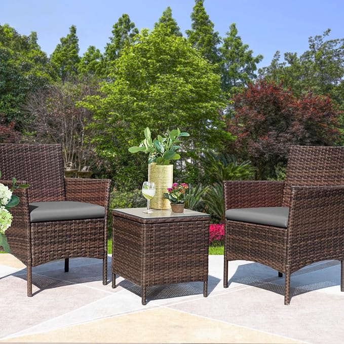 Greesum 3 Pieces Patio Furniture Sets Outdoor PE Rattan Wicker Chairs with Soft Cushion and Glass Coffee Table for Garden Backyard Porch Poolside, Brown and Gray