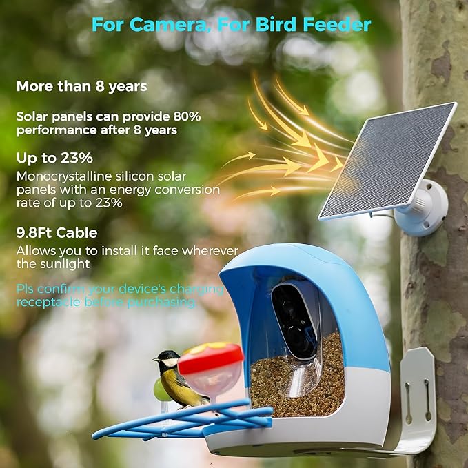 5V Solar Panel for Seucrity Cameres, for Bird Feeder Trail Cam, Ring Tapo Eufy Vicohome Eseecloud, Native USB-C, Micro-USB & DC 3.5mm*1.35mm 9.8 Ft Cable 23% Energy Conversion 180 Days Care Plan