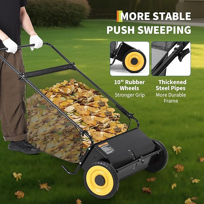 Efficient 21-Inch Push Lawn Sweeper – Heavy-Duty Steel Frame, 4 Enhanced Spinning Brushes, Large 3.5 cu.ft Pusher, Strong Rubber Wheels, Manual Leaf & Grass Collector – Black with Yellow Hubs