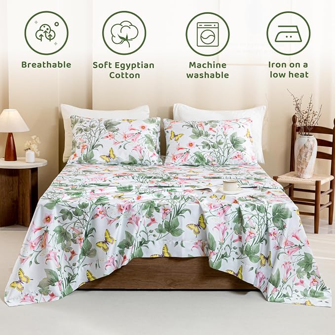 QSH 100% Egyptian Cotton Sheets Set King Size Butterfly Floral Bedding Sheets Spring Leaves Print Bed Sheets Deep Pockets Sheet 4PCs