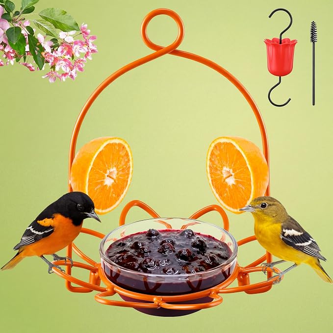 Oriole Bird Feeder for Outdoors, Metal Baltimore Oriole Feeder with Jelly Cup, 2 Orange Pegs, Ant Moat & Cleaning Brush, Hanging Bird Feeders for Outdoors for Backyard & Garden(1 Pack)
