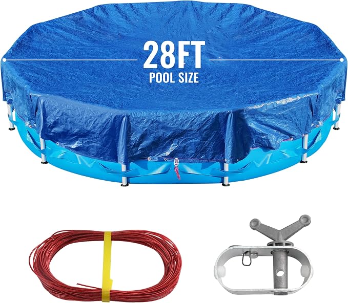 32Ft Pool Cover for(28Ft) Above Ground Pool,Heavy Duty Above Ground Pool Cover Includes Winch and Cable,Winter Pool Cover Strength&Durability,UV Protection, Blue/Black(Cover Only)
