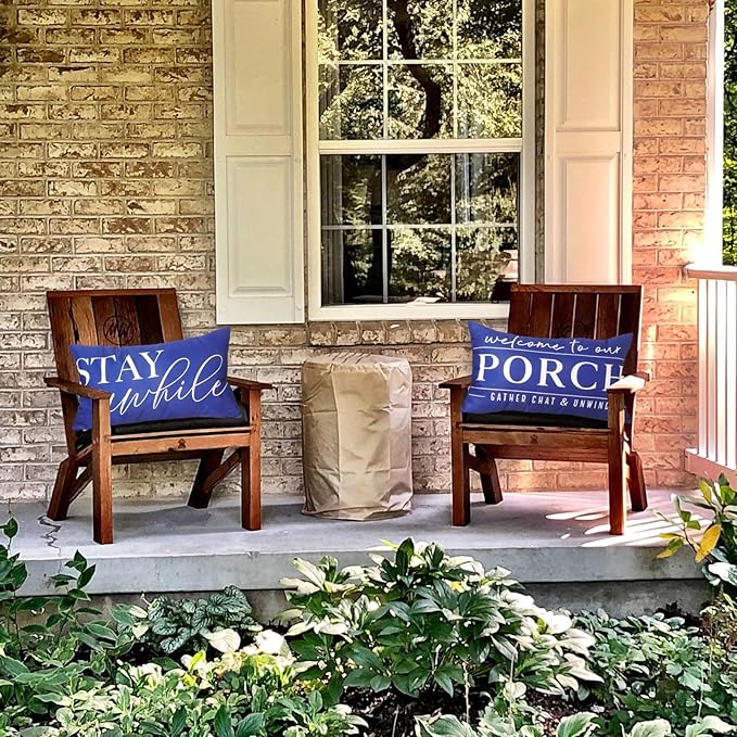 TAJWE Dark Blue Outdoor Pillow Covers Waterproof 12x20 Set of 2 Decorative Welcome to Our Porch Stay Awhile Cushion Cases for Patio Furniture Sofa Couch Decor