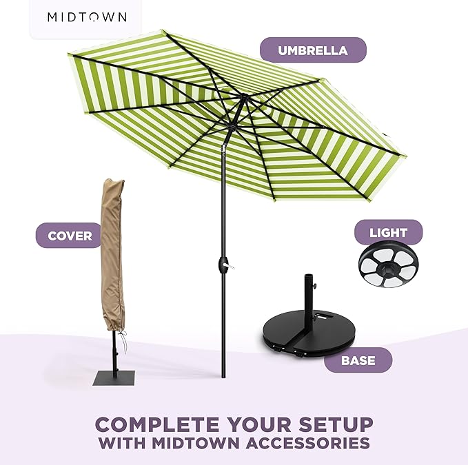 Midtown Umbrellas The Lean 8 Feet Outdoor Umbrella With Terylast Pear Stripes (Green/White Stripes) Polyester Fabric - Auto-Tilt Aluminum Frame Patio Umbrella For Deck, Garden, Pool - Black Pole
