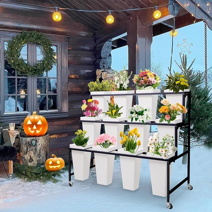Flower Display Stands with Buckets, 3-Tier Rolling Plant Stand with Locking Wheels - Heavy Duty Metal Flower Cart for Indoor/Outdoor Use, Wedding Decor & Florist Displays (Holds 12 Pots) (Black)