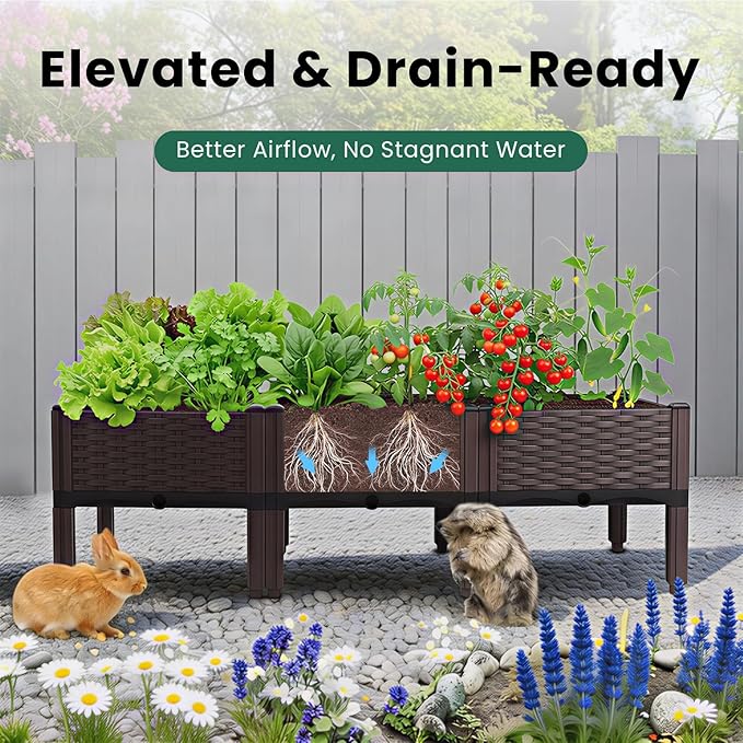 Raised Garden Bed with Legs & Drain Outlet, Self-Watering System Outdoor Elevated Wicker Planter Box Rectangular Patio Plant Containers for Vegetables, Flowers (3-Box)