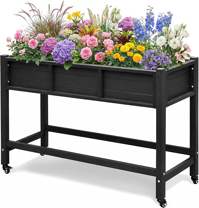 DWVO Raised Garden Bed HDPE with Wheels 47x18x31in Weather-Resistant Poly Wood Raised Planter Box Outdoor with Legs, Elevated Planter Box for Patio Balcony Backyard, Black