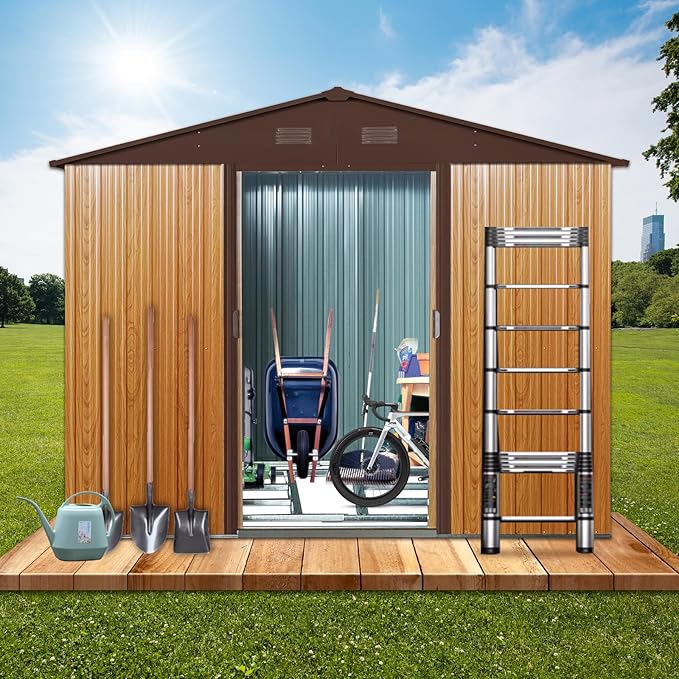 8FT x 6FT Outdoor Metal Storage Shed, Galvanized Steel Garden Shed with Lockable Sliding Door, Ventilated Tool Storage House with Foundation Kit, UV Resistant Backyard Shed forPatio Storage, Coffee