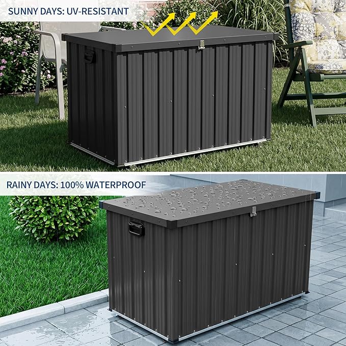 Metal Deck Box 160 Gallon Waterproof Patio Storage Container, Metal Outdoor Storage Box with 0.6 mm Galvanized Steel and 0.3 mm Coated Steel Panels, Large Bin with Wheels for Deck, Porch, Pools