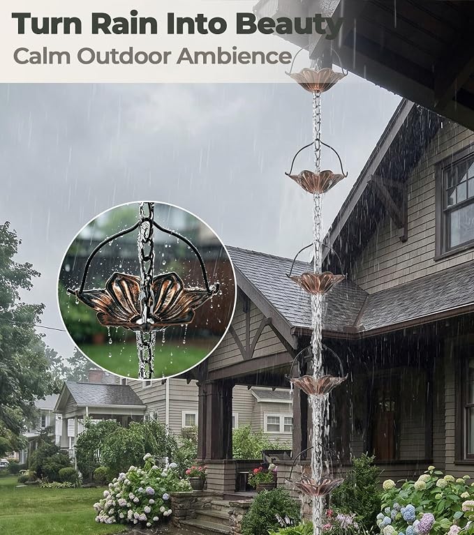 Copper Rain Chain for Gutters, 12 Cup Lotus Decorative Water Feature, 8FT 7IN Adjustable Metal Chain Rain Diverter for Outdoor Garden Décor with Crystal Accent