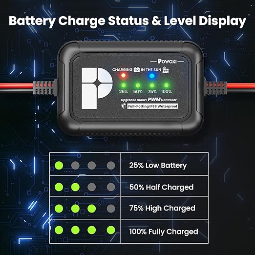 POWOXI Upgraded 12V 8 amp Solar Charge Controller - IP68 Waterproof PWM Solar Charge Regulator for LiFePO4 AGM Gel Lead-Acid Batteries - Inline Battery Maintainer for RV Boat Car Trailer Truck