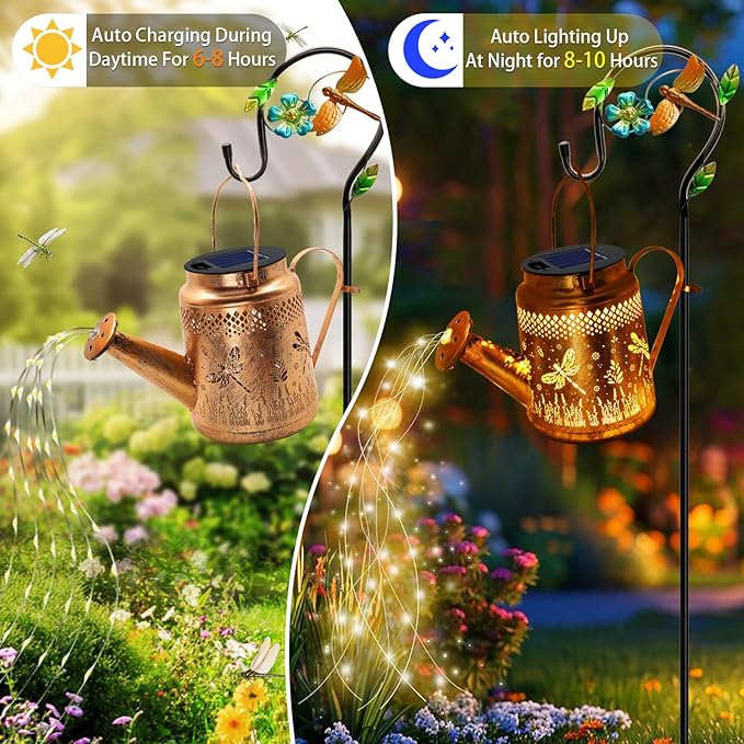Solar Dragonfly Watering Can Lights Waterproof, Perfect Gift for Mom Grandma Women Wife Daughter Mother's Day, Outdoor Garden Decor with Shepherd Hook, Hanging Lights for Patio Yard, Porch, Backyard