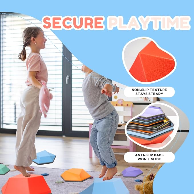 Kids Stepping Stones – 8 Piece Balance Blocks Set for Toddlers, Multicolor Balance Beam Path for Obstacle Course Play, Promotes Coordination & Motor Skills