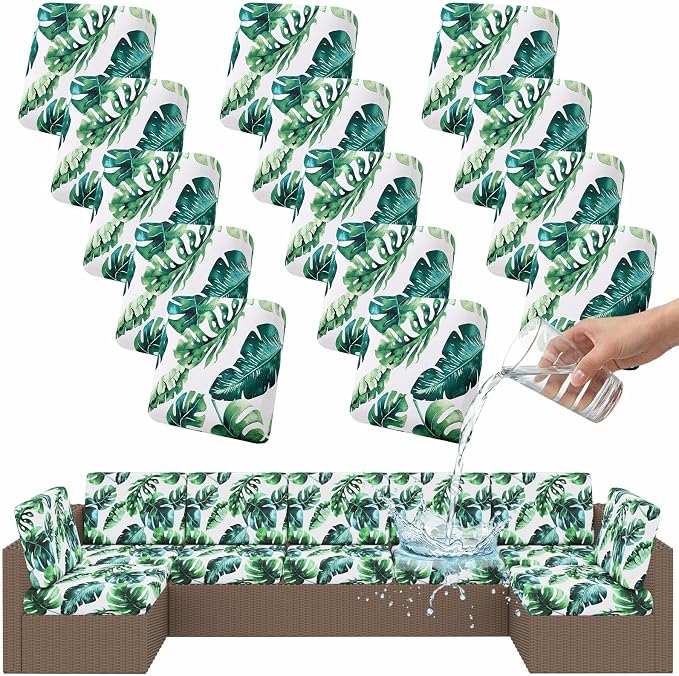 Smiry Waterproof Patio Cushion Covers, Stretch Outdoor Couch Slipcovers Replacement Washable Furniture Protector Sofa Chair Seat Cover for Dogs and Pets (14 Pcs, Green)