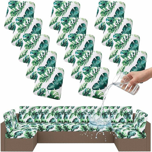 Smiry Waterproof Patio Cushion Covers, Stretch Outdoor Couch Slipcovers Replacement Washable Furniture Protector Sofa Chair Seat Cover for Dogs and Pets (14 Pcs, Green)