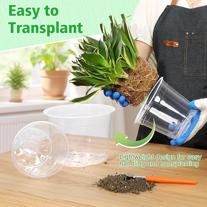 10 Inch Large Clear Nursery Pots with Drainage, 5 Pack Plastic Pots for Plants, Ideal Seedling Pots and Plant Pots for Vegetables, Orchids, Aloe, Indoor Outdoor Use (10 inch-5 Pack)