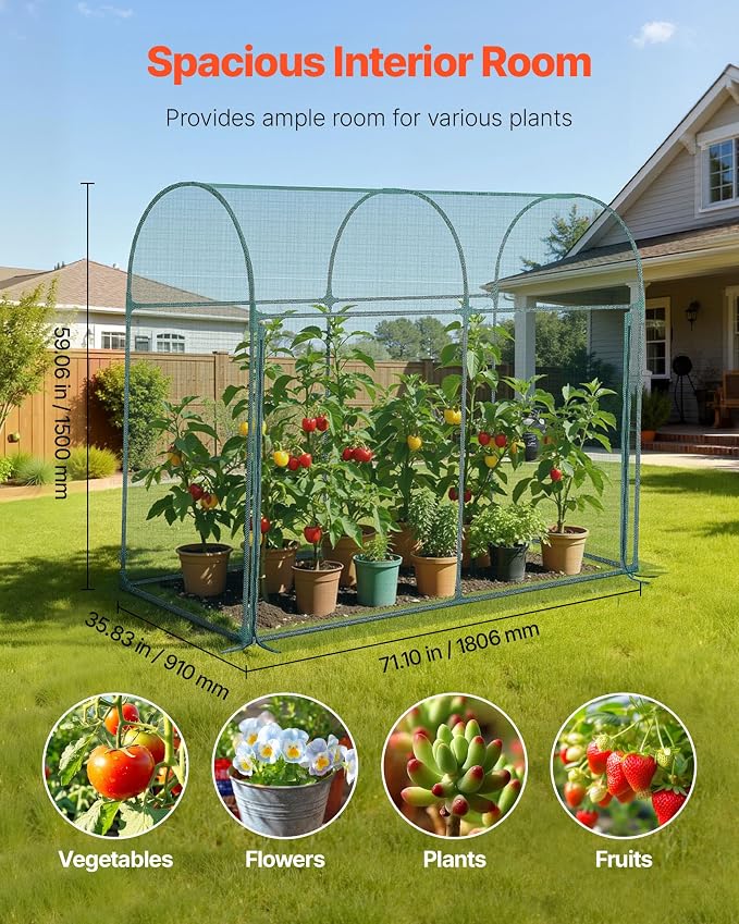 VEVOR Crop Cage, 5.9 x 2.98 x 4.9 ft Plant Protection Tent with Zippered Door, Wind-Resistant Tall Crop Cage, Easy to Install, Outdoor Raised Bed Cover with Frame, Plant Netting for Garden Patio Lawn