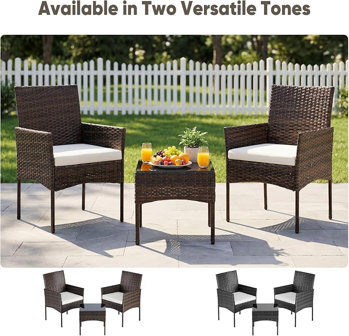 DUMOS 3-Piece Patio Furniture Set, All-Weather Outdoor Wicker Chairs with Removable Cushions & Tempered Glass Table, Small Bistro Set for Porch, Balcony, Lawn, Backyard, Brown