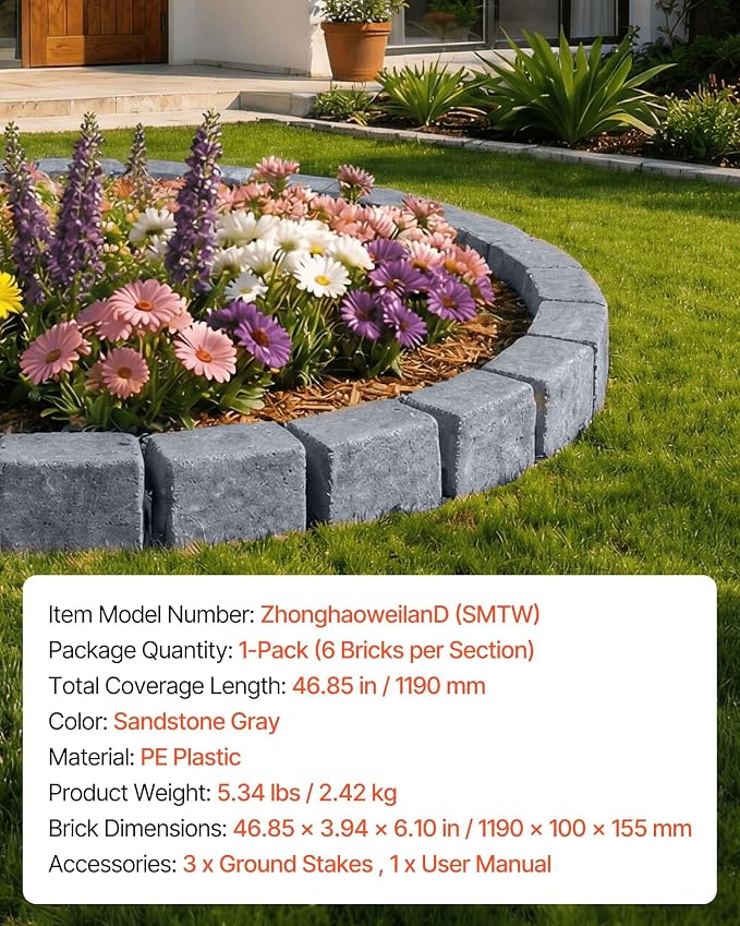 VEVOR Faux Stone Landscape Edging, 46.85" Kit, No Dig Garden Edging Border, Blocks for Lawn, Flower Beds, Yards, 1 Pack Each Section Has 6 Bricks 46.85" L x 3.94" W x 6.1" H, 3 Spikes, Sandstone Gray