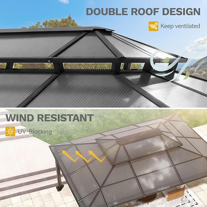 DWVO 12x16FT Outdoor Polycarbonate Gazebo, Double Roof Canopy with Metal Frame, Garden Tent with Netting and Shaded Curtains,Canopy for Patio, Backyard, Deck and Lawns, Gray