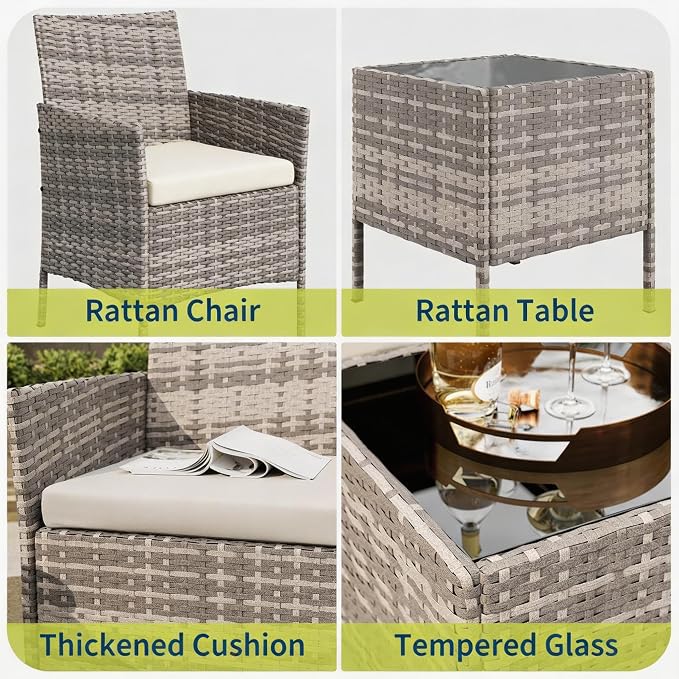 3-Piece Outdoor Furniture Set, PE Rattan Wicker Chairs with Soft Cushions & Tempered Glass Coffee Table - All-Weather Patio Set for Garden, Backyard, Porch, Poolside (Grey/Beige)