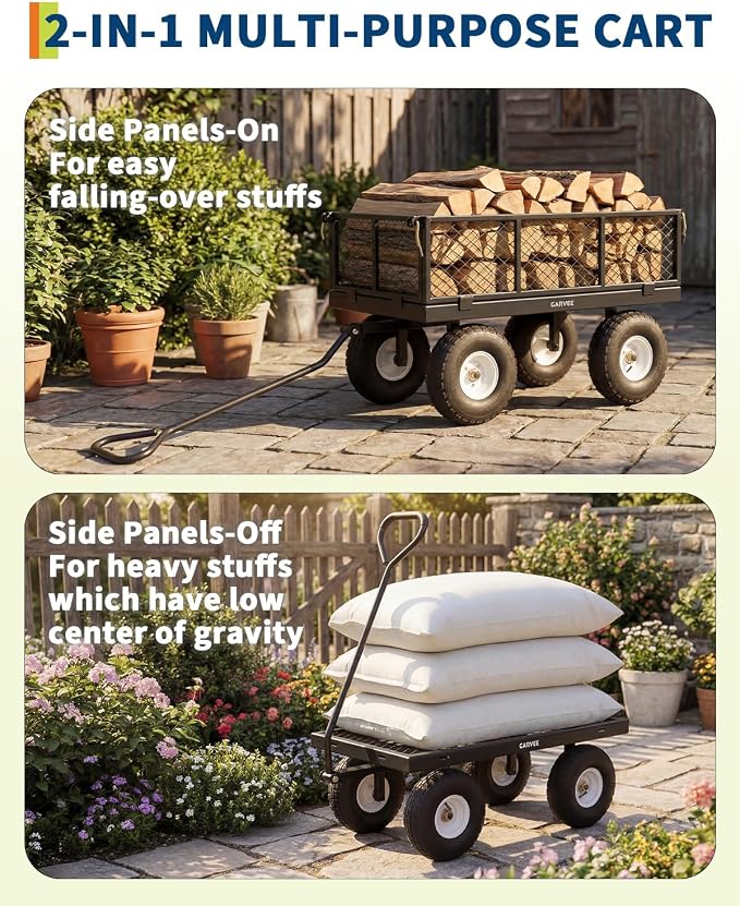 Garvee Versatile Outdoor Utility Cart - 400LBS Heavy-Duty, 10" All-Terrain Pneumatic Tires, Easy Maneuverable Lawn Cart with Removable Mesh Panels for Gardening & Landscaping，Black