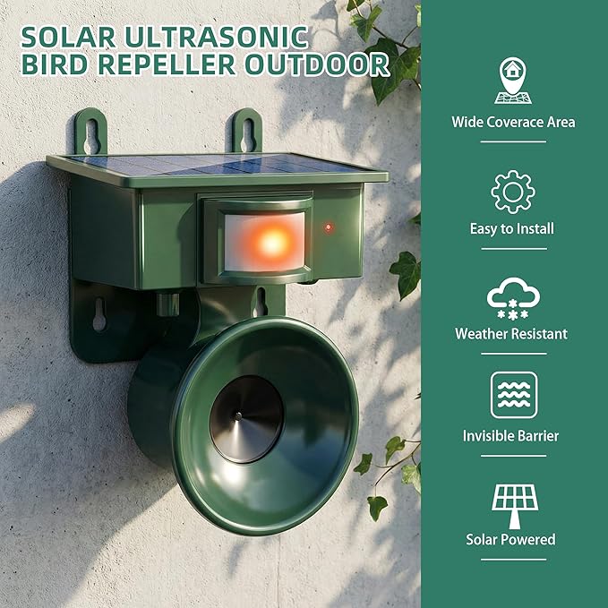 2Pack Solar Ultrasonic Bird Repellent Devices Outdoor Solar Woodpecker Deterrent for House Outdoor Waterproof Pigeon Deterrents for Outside to Keep Pigeon Crows Starlings Out of Yard Garden Balconies