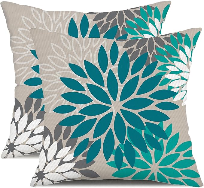 DFXSZ Dark Blue Green Outdoor Pillow Covers 20X20 Inch Set of 2 Spring Teal Flower Pillow Case Outdoor Waterproof Decor for Patio Funiture Garden Polyester pillowcovers 002D20