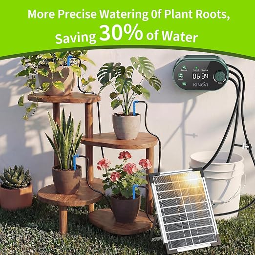 Solar Drip Irrigation System, 8W Powered Auto Watering Kit for 30 Pots, HD LED Display with 22 Timing Modes, Anti-Siphoning & IPX5 Waterproof, Suitable for Outdoor Garden, Balcony & Greenhouse