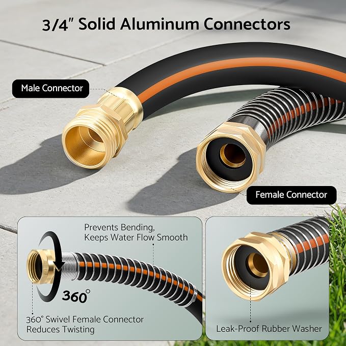 Heavy Duty Garden Hose 100 ft x 5/8", 5-Layer Hybrid Rubber Water Hose with 3/4" Swivel Brass Male to Female Fittings, 1000 PSI Burst, No-kink for Lawn, Backyard, Black & Orange