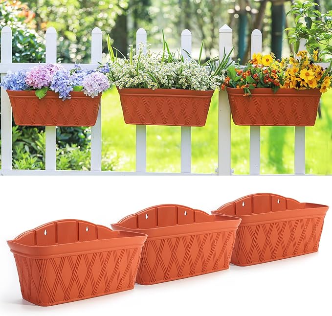 Sungmor 3 Pack Wall Hanging Planters, 16.5 Inch Railing Fence Hanging Flower Pots, Thickened Plastic Water Storage Plant Pot, Indoor Outdoor Garden Balcony Decor, Large Terracotta Color Plant Basket