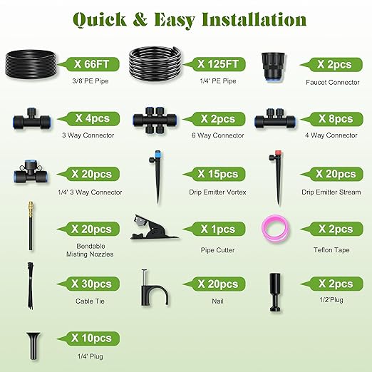 Drip Irrigation Kit for Garden, Automatic Plant Watering System with Quick Connect Fittings, Water Saving Irrigation Tubing Hose and Accessories for Yard, Greenhouse, Lawn & Raised Bed (191FT)