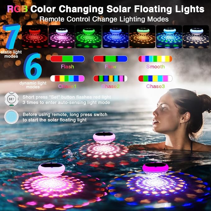 QOLNBY Solar Pool Lights(4 PCS), USB Rechargeable Floating Pool Lights, 6.69 Inch IP68 Waterproof 2600mAh Pool Lights 6 Dynamic Modes with Remote Upper and Lower Glow Hangable for Backyard Pond