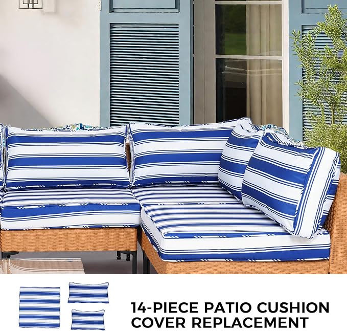 14 Piece Outdoor Patio Cushion Covers Replacement Waterproof with Zipper for 6-Seater Sectional Couch Chair Patio Furniture Conversation Sofa Seat Cushions Slipcovers Set, Only Cover