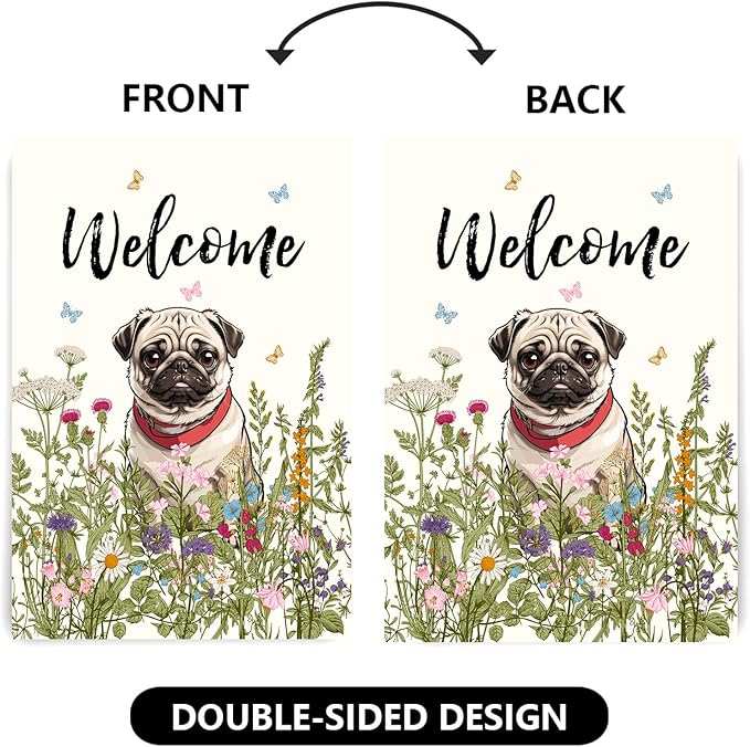 Floral Pug Garden Flag Spring Summer House Flags 28 x 40 Double Sided Flower Dog Yard Flags for Outside Large Outdoor Welcome Flags