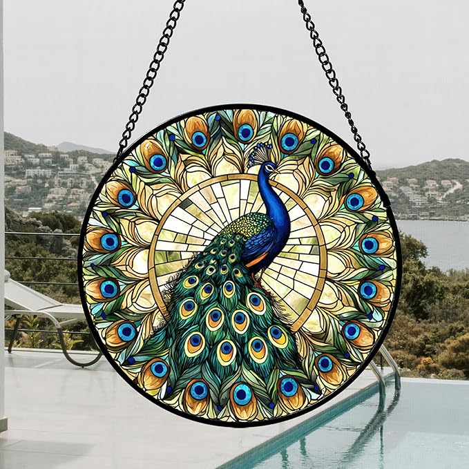 DASTOLL Stained Glass Window Hanging - Retro Peacock Decoration Suncatcher for Door Garden Home Bird Feather Sun Catchers Christmas Mother's Day Birthday Gifts for Women Men Mom Nana Friend 14.9 in