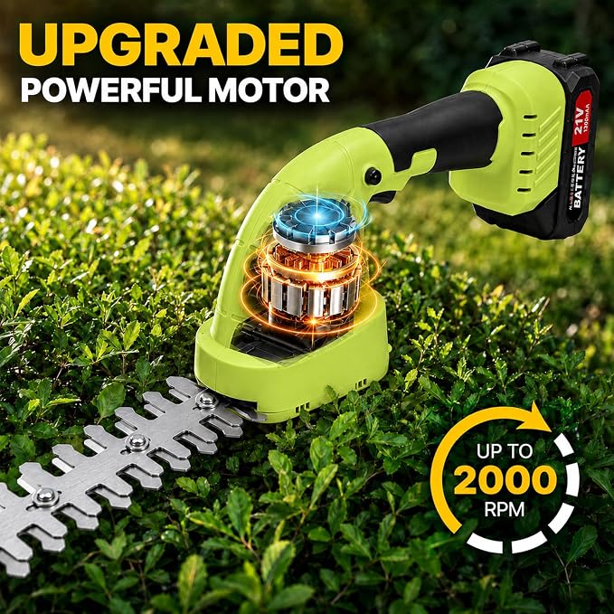 2-in-1 Cordless Hedge Trimmer & Grass Shear, 21V, Green | Lightweight Handheld, Small Yard Lawn Edging, Easy One-Hand Pruning for Women & Seniors, 2 Batteries & Charger Included