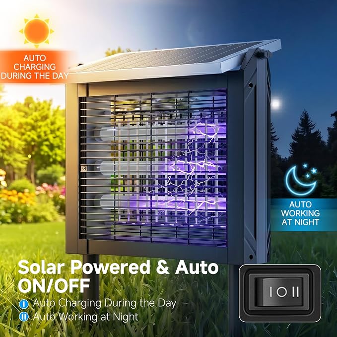 Solar Powered Bug Zapper Outdoor, 4500V Mosquito Trap with 10W Solar Panel, Fly Trap & Mosquito Killer, Dusk-to-Dawn Auto, IPX5 Waterproof, 2100 Sq.Ft Coverage for Patio, Backyard, Garden