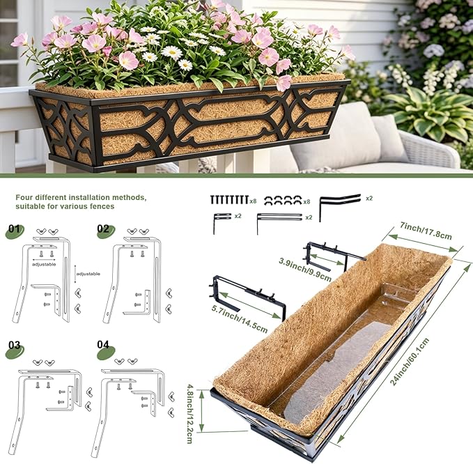 2 Pack 24 Inch Railing Planter Boxes with PET Water Storage Tray & Coco Liner, Window Boxes Planters for Deck Railing, Metal Hanging Flower Box for Outdoor Balcony Fence and Patio Garden