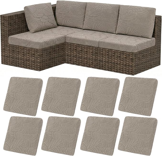 HEBE Stretch Patio Cushion Covers Set 8pcs,Waterproof Outdoor Couch Covers Replacement,Washable Reusable Seat Cushion Slipcovers for Patio Furniture Protector,Chair Cushion Cover