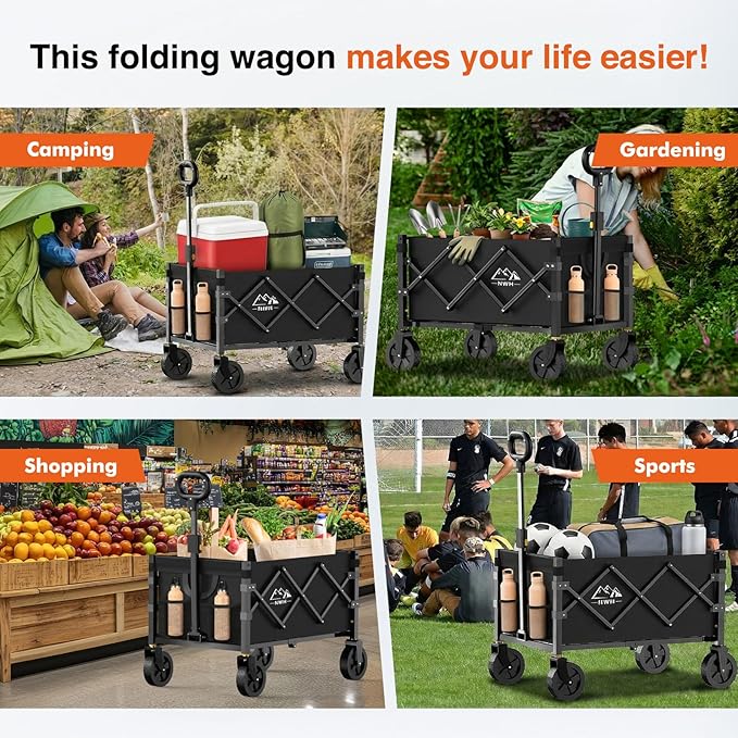 NWH Collapsible Wagon Cart with Wheels Foldable, 360LBS Large Capacity Portable Folding Utility Heavy Duty Beach Wagons Cart with All-Terrain Wheels for Groceries Shopping, Camping, Sports, Garden