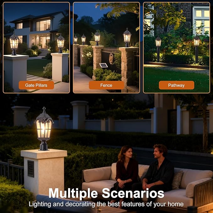 Solar Post Lights Outdoor with Bulb Dusk to Dawn Lamp Posts Outdoor Lighting Waterproof Solar Post Lamp Anti-Rust Exterior Pole Light Outside Pole Lighting for Yard Pathway Driveway Fence -2 Pack