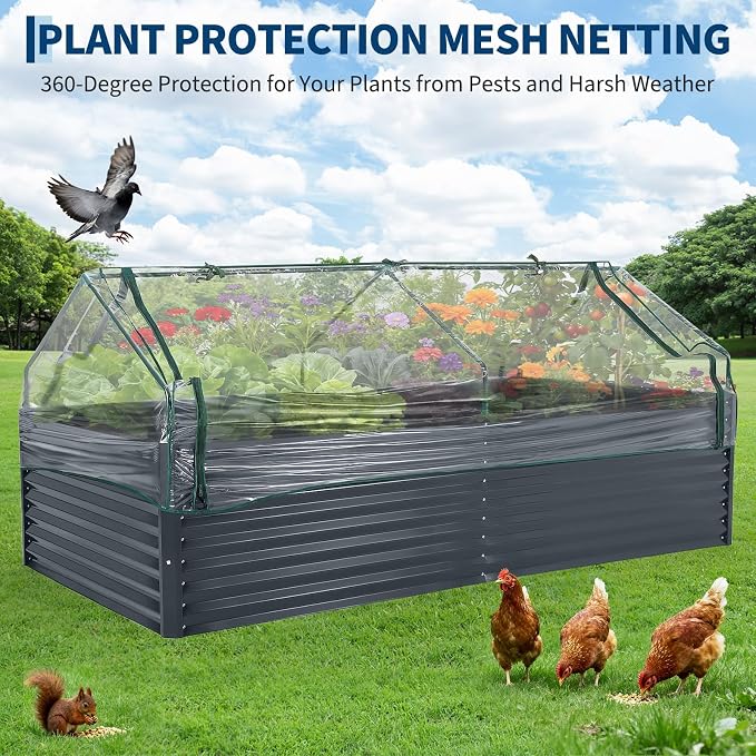 Garvee Galvanized Raised Garden Bed Large Rectangular Kit with Cover Zippered Screen Doors, Open Base Design, Thick Steel, Easy Assembly, Planter Box for Vegetables, Flowers (Grey, 8x4x2 ft)