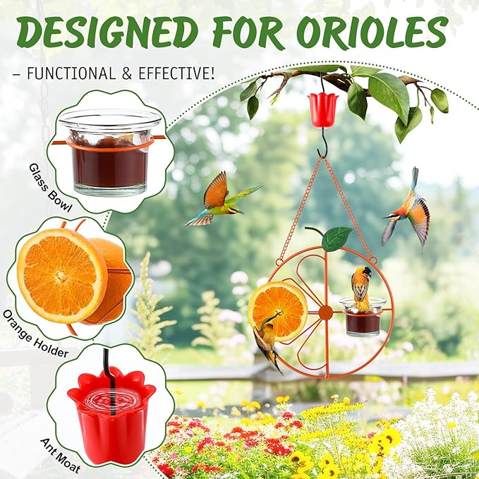 Baltimore Oriole Bird Feeder for Outdoors – Oriole Feeder with Ant Moat & Glass Bowl & Ant Moat & Cleaning Brush, Metal Hanging for Jelly, Nectar, Mealworms & Orange Halves(1 Pack)