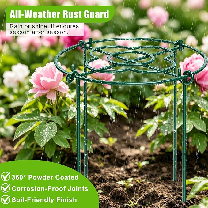 cyrico Peony Cages and Supports 5 Pack, 12” x 16” Heavy Duty 3.5mm Metal Peony Stakes with 4 Legs, Rust-Proof Grow Through Plant Support Hoops, Outdoor Garden Flower Support Rings for Heavy Blossoms