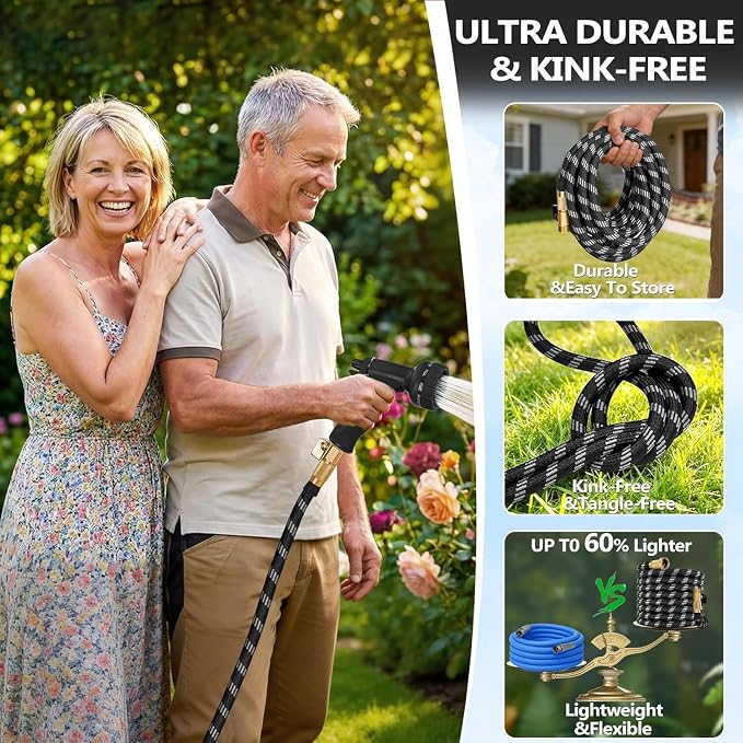 75 ft Garden Hose,Non-Expandable Lightweight All-Weather Water Hoses, Ultra Durable and Flexible Garden Hose with 10-Function Spray Nozzle, Leak-Free Connections Garden Hoses for Yard, Lawn,Outdoor