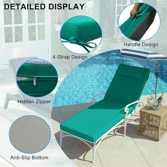 Outdoor Chaise Lounge Cushions, 72x21 Inch Olefin Water & Fade Resistant Pool Lounge Chair Cushions, Patio Sun Lounger Pad with Pillow & Straps for Patio, Pool, Deck, Lawn, Lake Blue